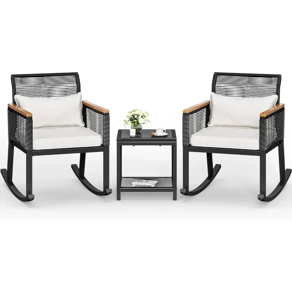 Bistrot set for outdoor conversation with 3-piece patio wicker rocking chair with wooden armrests and soft pillows for balcony, lawn (black)
