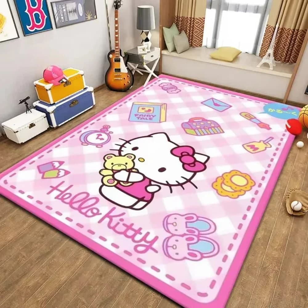 Sanrio Hello Kitty Print Floor Rug, Non-slip Pink Themed Mat for Room, Soft Decorative Carpet for Bedroom and Home Styling