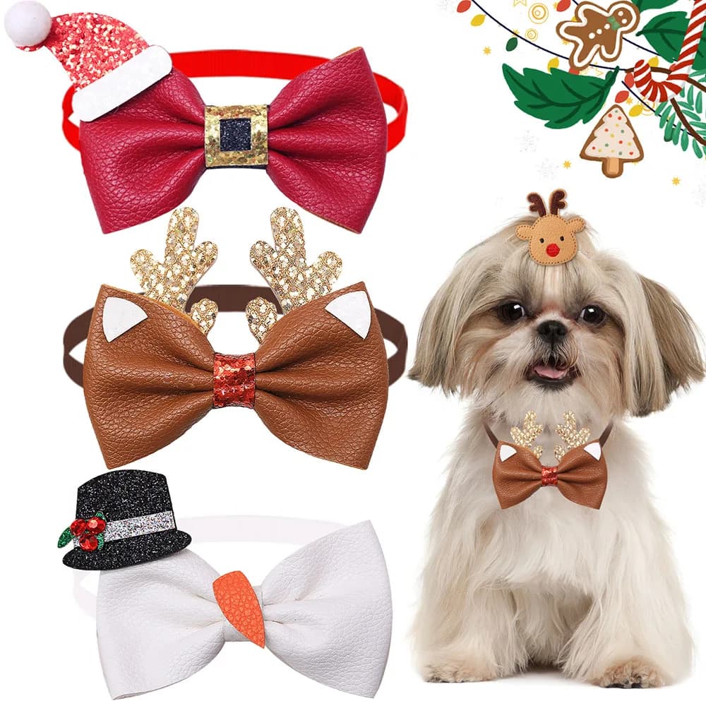 20PCS New Adjustable Dog Bowties For Christmas Party Dog Bow Ties Leather Puppy Bows Winter Dog Grooming Accessories For Dogs