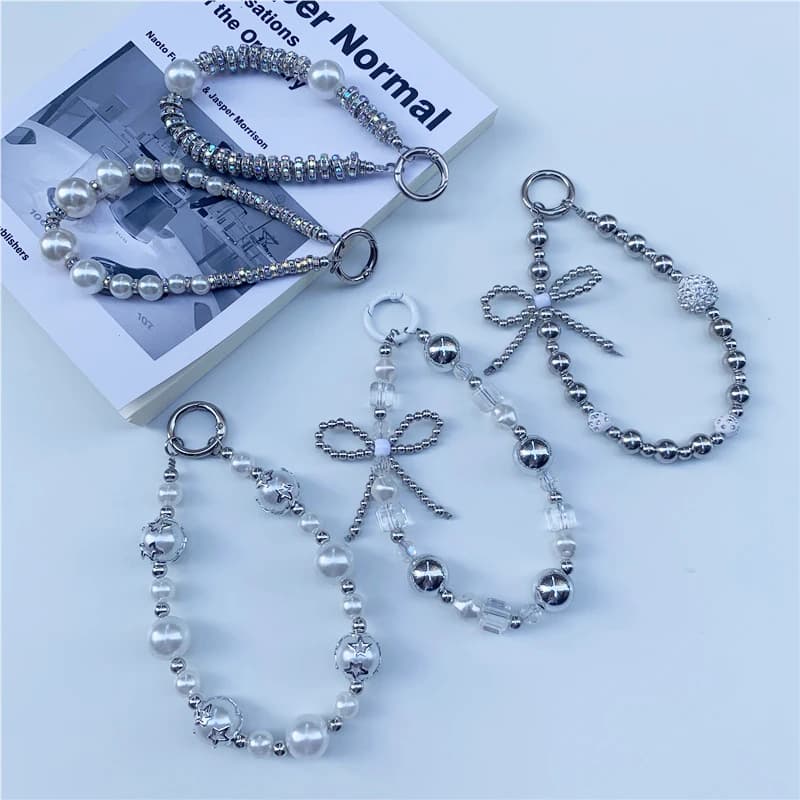 Catenine da Polso di Lusso con Perle e Cristalli, Cordino con Strass per iPhone Xiaomi Vivo, Gioiello Universale Anti-Smarrimento, Ciondolo Charm