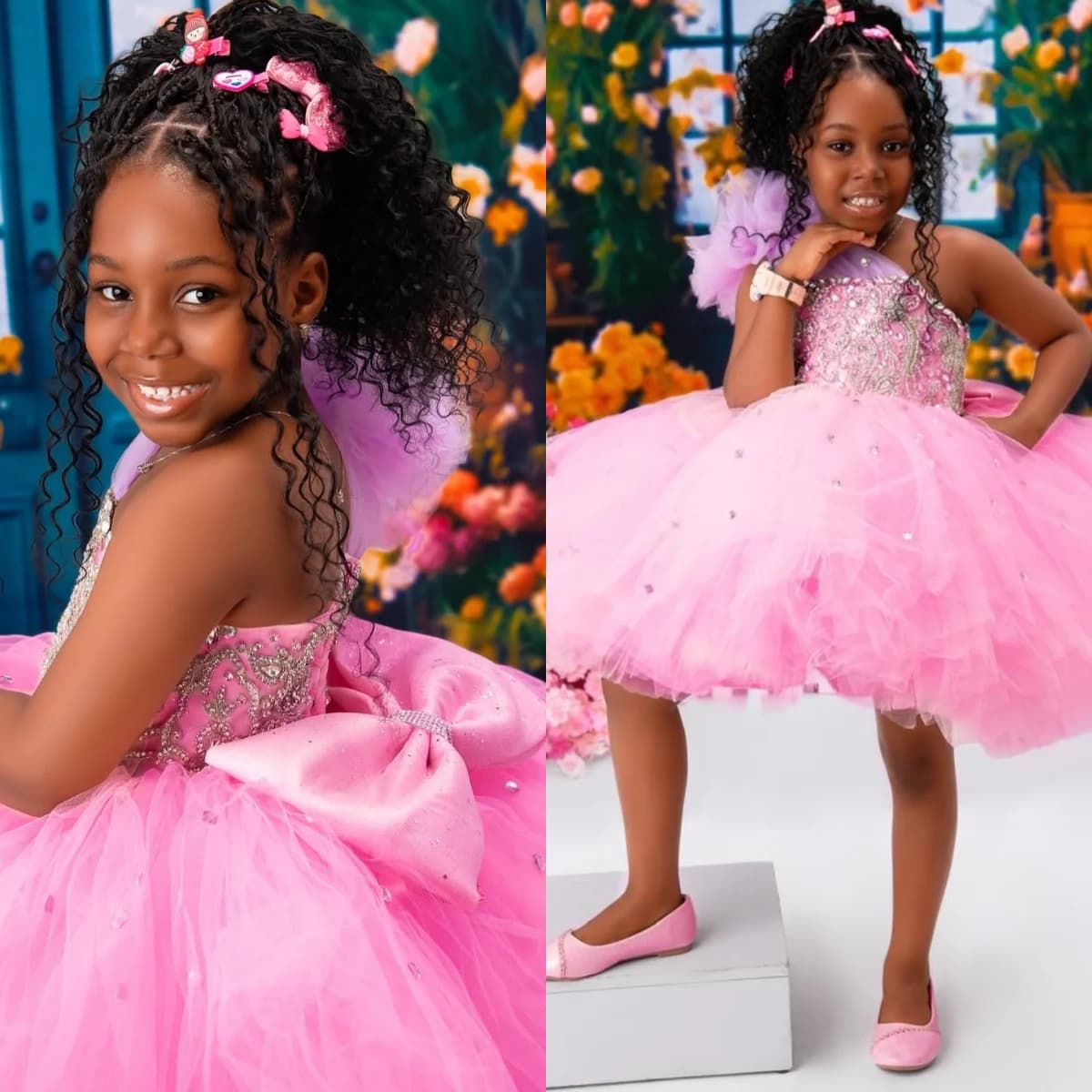 Abito da festa monospalla per bambine, in tulle rosa, per damigelle d'onore, abito da ballo per bambini, personalizzabile