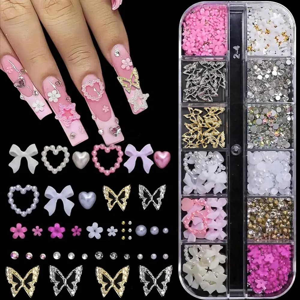 12 Griglia Rosa Bianco Arco Unghie artistiche Gioielli Perla Diamante Farfalla Misto Strass Pendenti e Ciondoli per unghie Fai da te Bowknot Gemme Decorazione per manicure