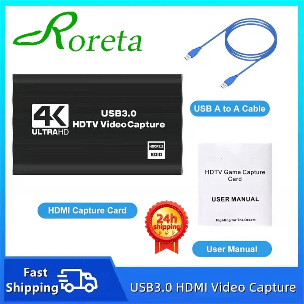 Roreta Scheda di Acquisizione Video USB 3.0 4K, Registratore HDMI-compatibile per HDTV, per Registrazione Giochi, PC, Audio e Microfono