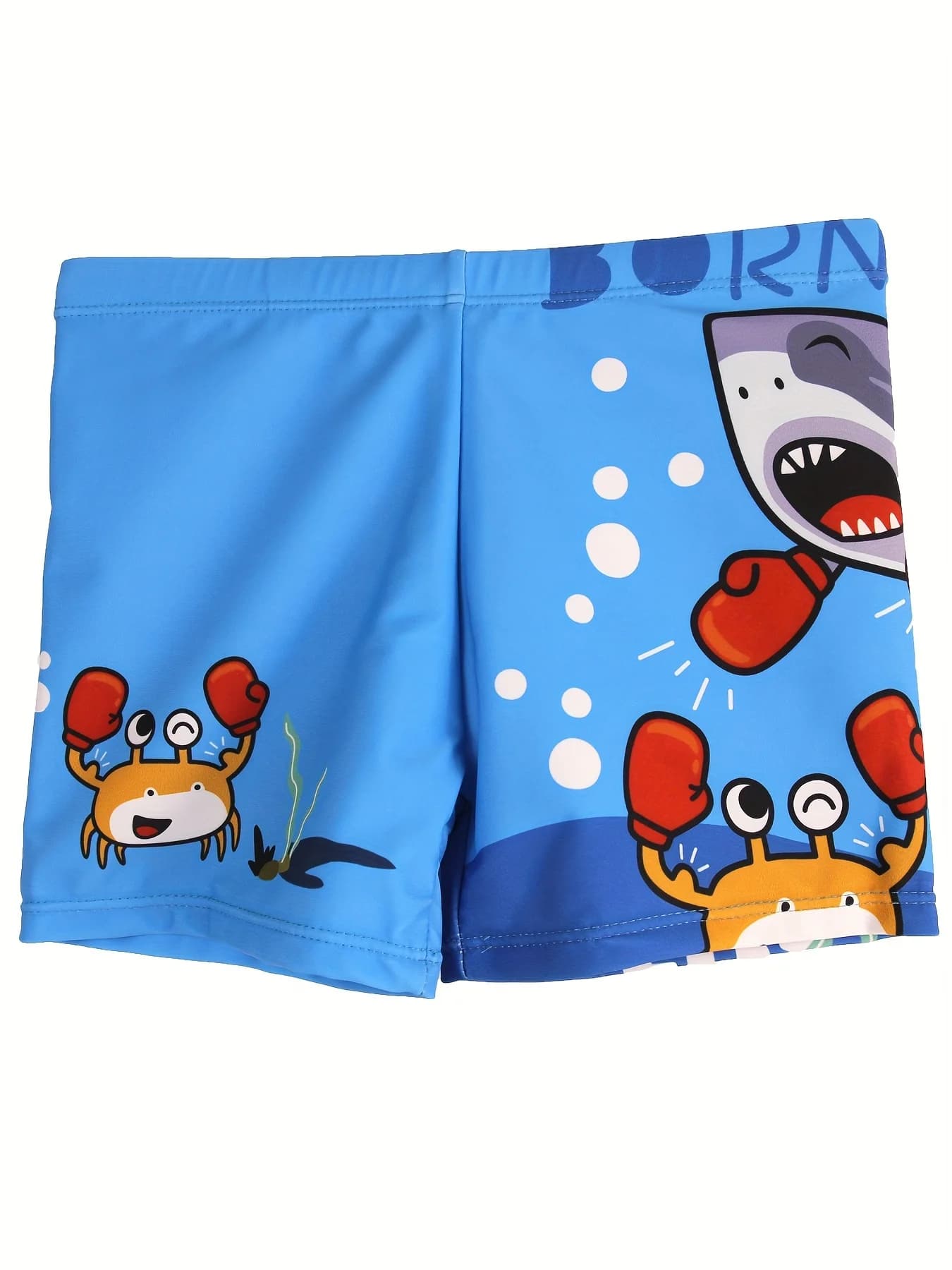 Quick drying swimsuit with crab pattern and cartoon boxing shark for boys, elastic beach shorts in life, kids' swimsuits for summer holidays