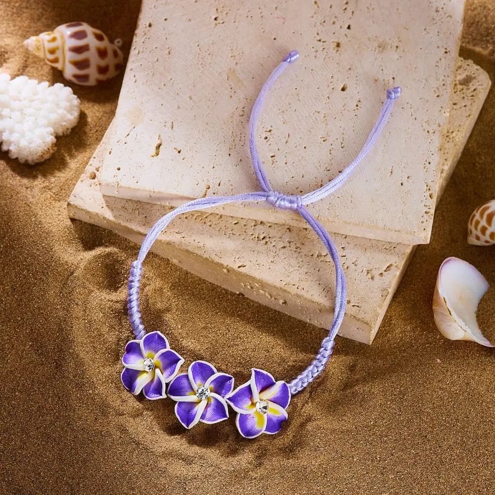 Rhinestone Flower Bracelet Colorful Boho Polymer Clay Braid Rope Bracelet Adjustable Ocean Style Egg Flower Bangle Party Jewelry