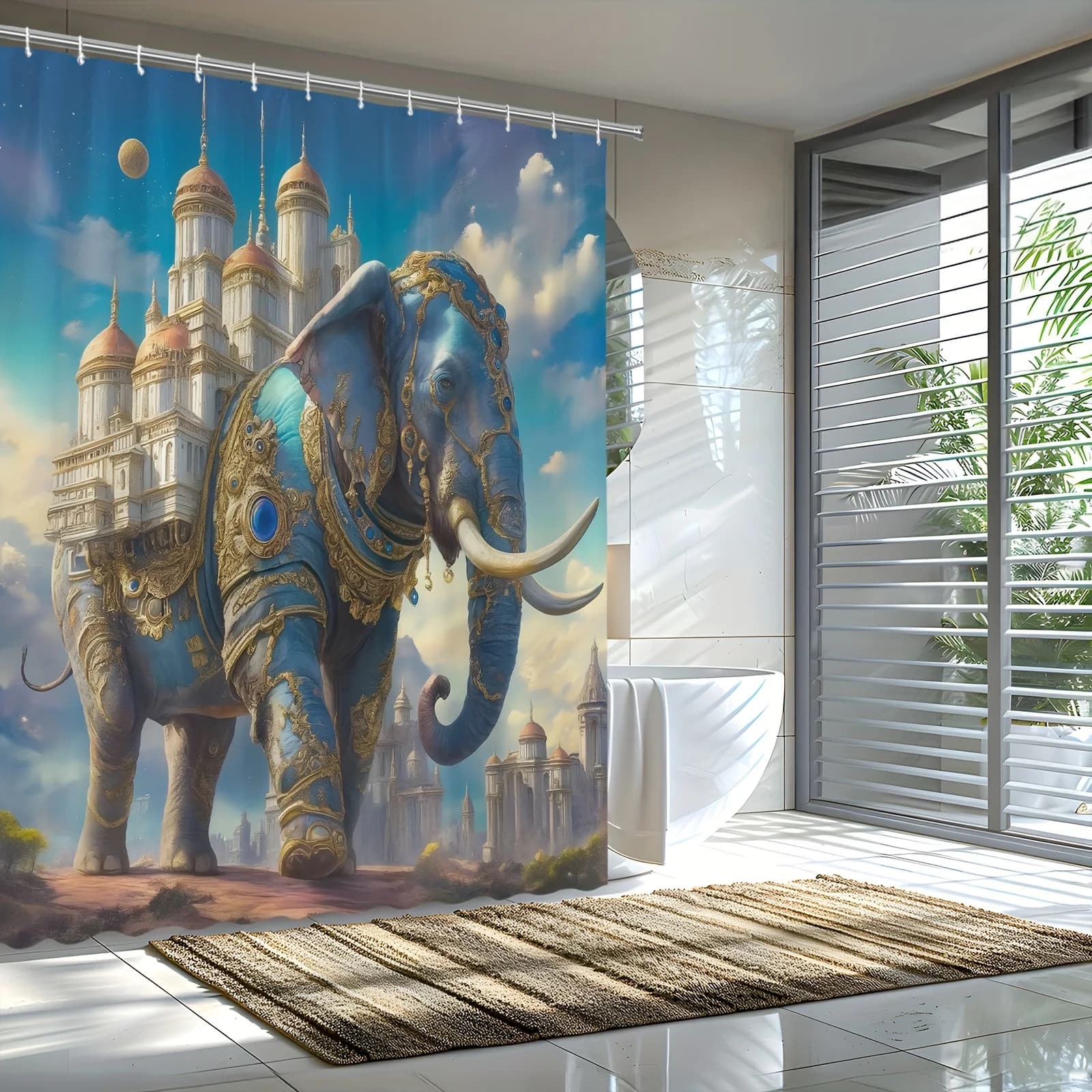 Tenda da doccia Fantasy Elephant Castle - Elefante blu con armatura dorata, scena magica, tessuto in poliestere, include 12 ganci