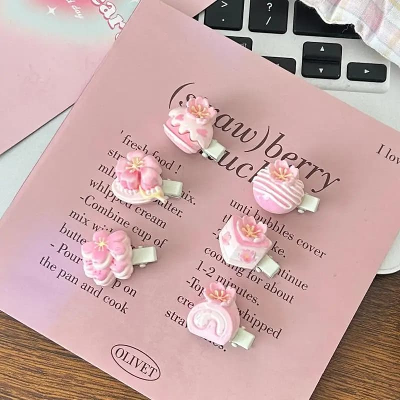 Set di fermagli per capelli in resina a forma di torta dessert con graziosi fiori di ciliegio rosa per bambine, accessorio moda quotidiano