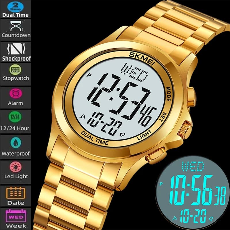 Skmei Men's Chronograph Wrist Watch with Luxury 30M Stainless Steel Strap Digital Sports Wrist Watch with Double Waterproof Time Zone