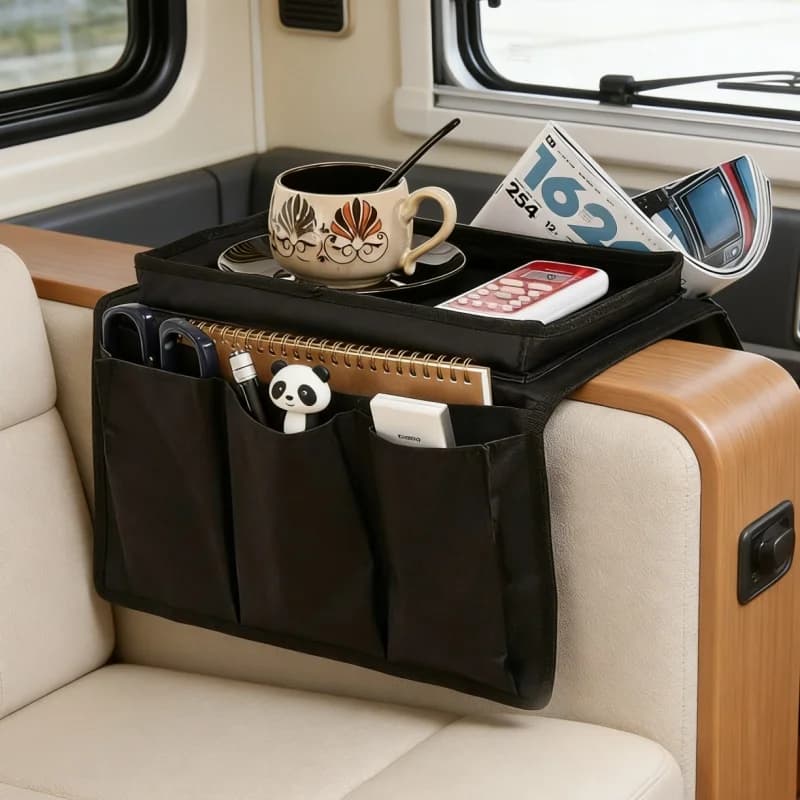 Organizer for Seat Arms Camper with Pockets and Glass Holders, Support for Phone and Tablet in Fabric, Chair Tray, Camper Accessories