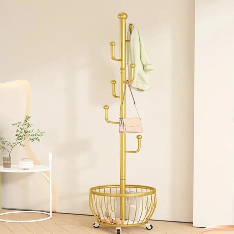 Standing hanger with basket, entrance hangers, mobile hanger with wheels, hallway