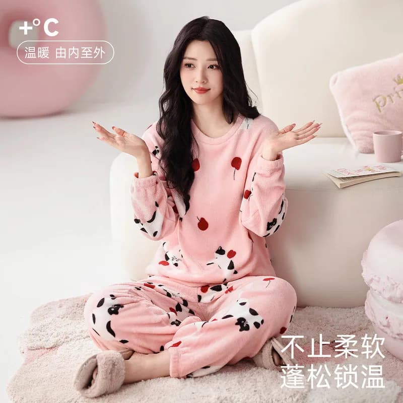 Women's Pink Flannel Pajama Set Long Sleeve Thick Warm Cute Winter Sleepwear Loungewear