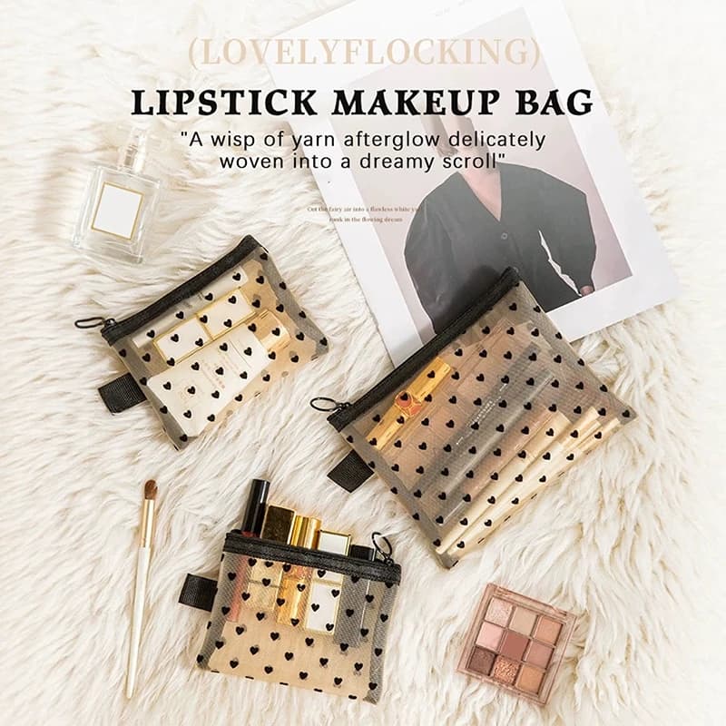 Borsa per trucco portatile in rete Borsa portatile per riporre le cuffie Borsa da viaggio per toelettatura Busta rossa con bocca a cuore in peluche
