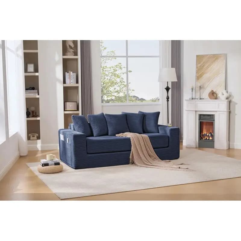 Convertible sofa bed 2 in 1, modern floor folding sofa, ribbed velvet sofa with 5 cushions, side pocket and cup holders