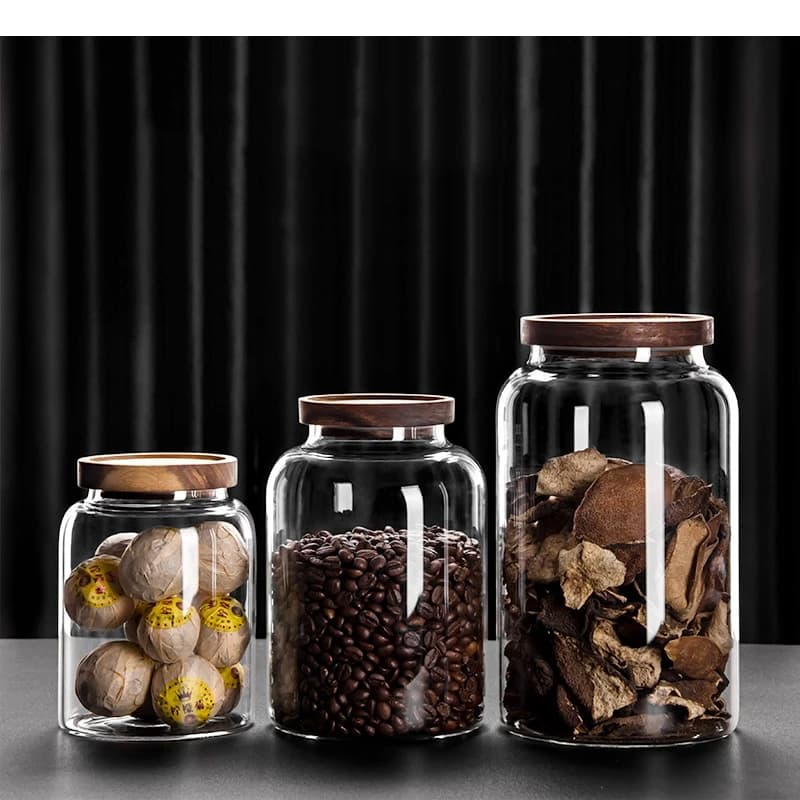 Snack in vetro Barattolo di caramelle Coperchio in legno Noci Scatola di frutta secca Cucina di casa Serbatoi sigillati Barattoli di candela Contenitori per bottiglie di tè e caffè