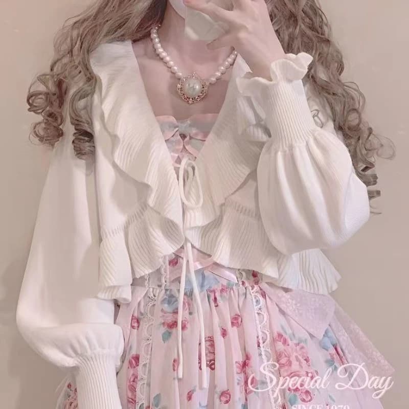Vintage Lolita Bolero Jacket with Heart Cut-Out, Spring Fall Knit Cover-Up, Japanese Kawaii Sun Protection Cropped Cardigan