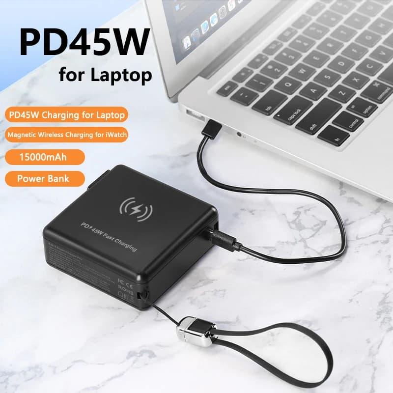 Power Bank Magsafe da 15000 mAh con caricatore da muro con spina CA Caricatore rapido wireless magnetico PD45W per iPhone 16 Powerbank per laptop iWatch