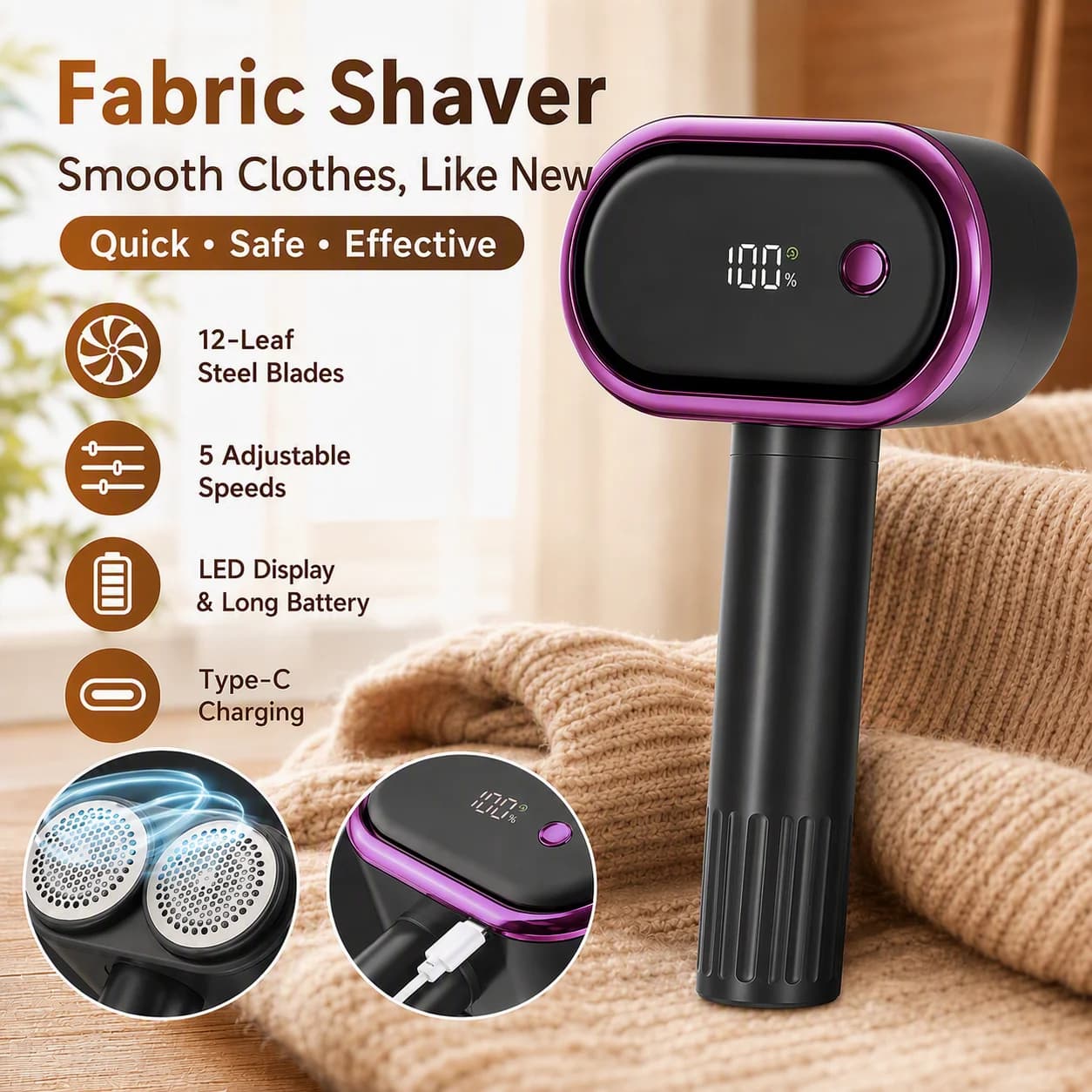 Electric Lint Remover, 5 Speed Fabric Shaver LED Display Rechargeable Pill Remover for Clothes Sweater Sofa Large Dust Tank