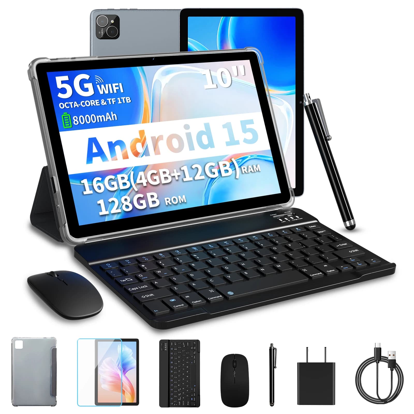 PRITOM Android Tablet with Keyboard, Android 15 tablet with 16GB(4GB physical + 12GB virtual)+128GB+1TB Expand, 10 inch Tablet PC with 8-Core, 5G WiFi, 8000mAh, 2-in-1 Tablet with Case,Mouse,Stylus(Black)