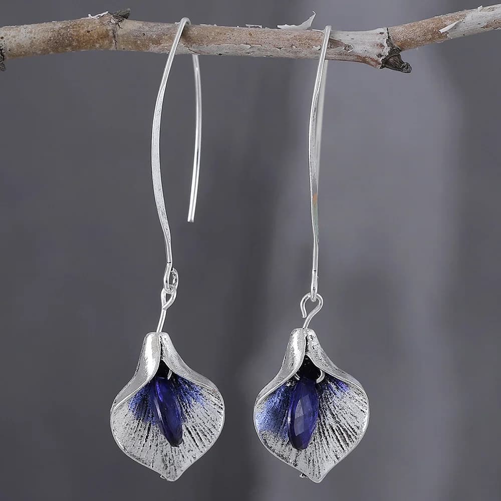 DIY accessories New Fashion Creative Orchid Bud Pendant Earrings, Vintage Trendy Blue Gemstone Wedding Moonstone Long Earrings
