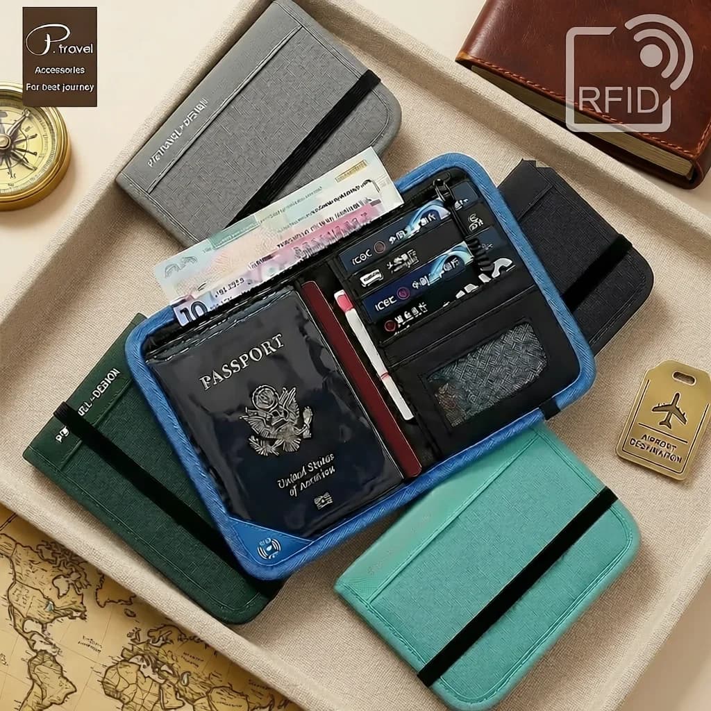 Portafoglio da Viaggio con Blocco RFID, Porta Passaporto Multifunzione, Porta Carte di Credito, Organizzatore Documenti per Uomo e Donna, Custodia Antifurto