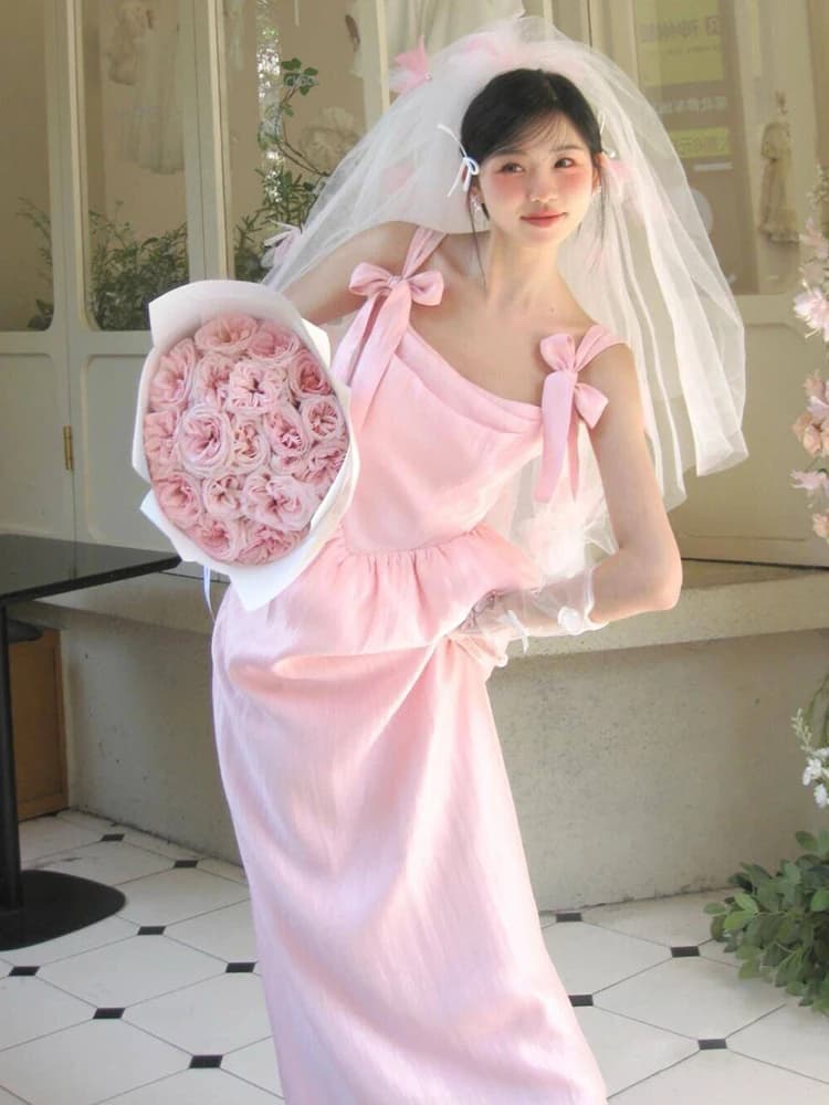 Abito da Sposa Rosa, Vestaglia da Mattina, Abito Casual Senza Spalline per Fidanzamento, Abito Lungo da Sera per Uso Quotidiano per Donne Giovani 18-25 Anni