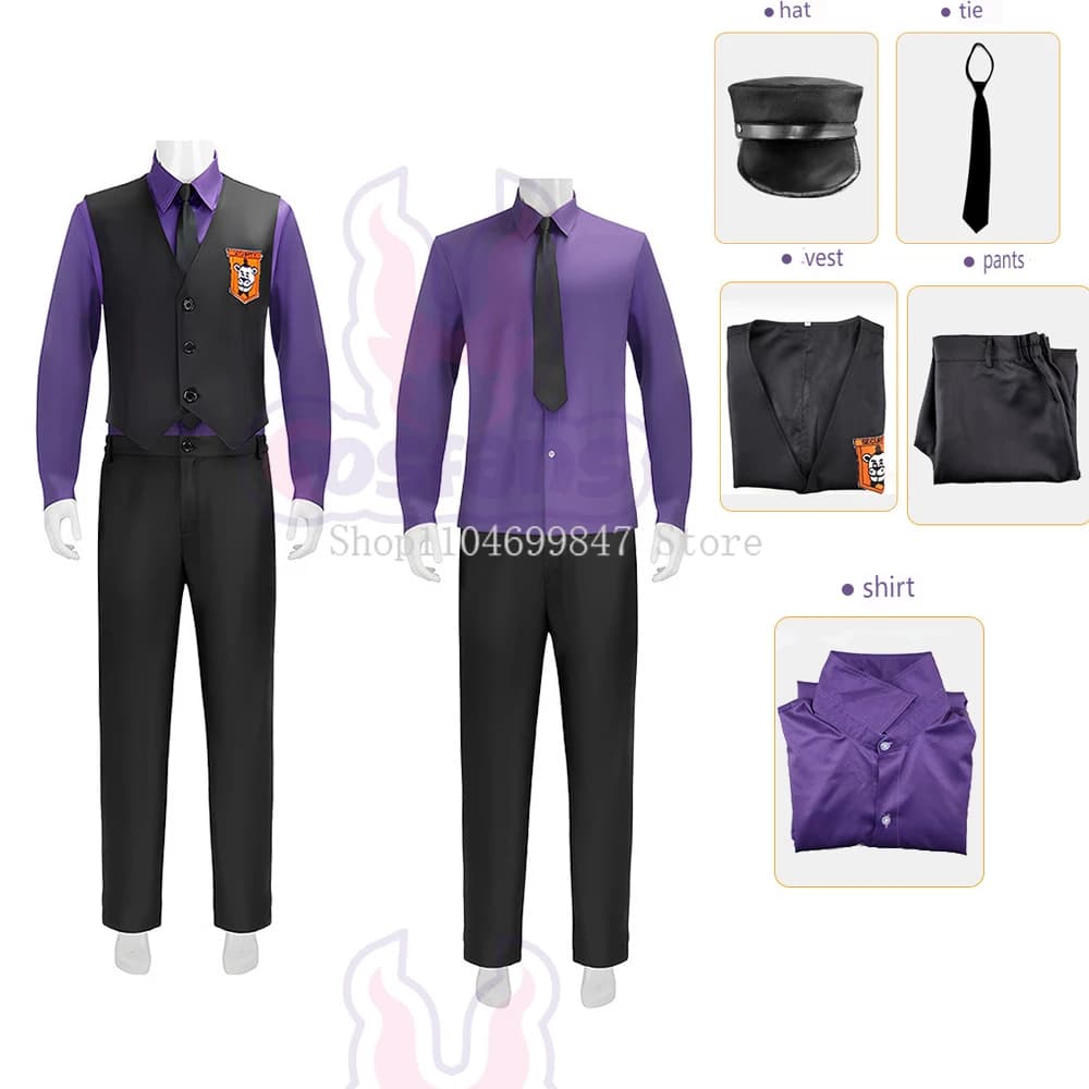 Film William Afton Costume Cosplay Costume da ragazzo viola Cinque notti / alla Doujin di Freddy Outfit Gioco di ruolo Uniformi per feste di Halloween