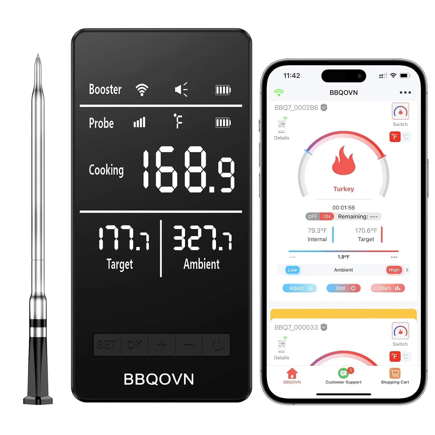 Wireless Smart Thermometer for Meat with App and Digital Base, 7 Sensors, Limited Range for BBQ, Grill, Oven, Smoker