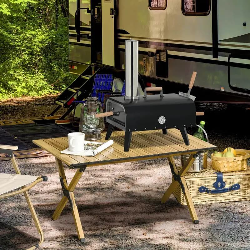 Pizza oven pizza wood-fired oven, 1 pizza peel, 1 pizza stone, 81 x 40 x 72 cm, black + natural