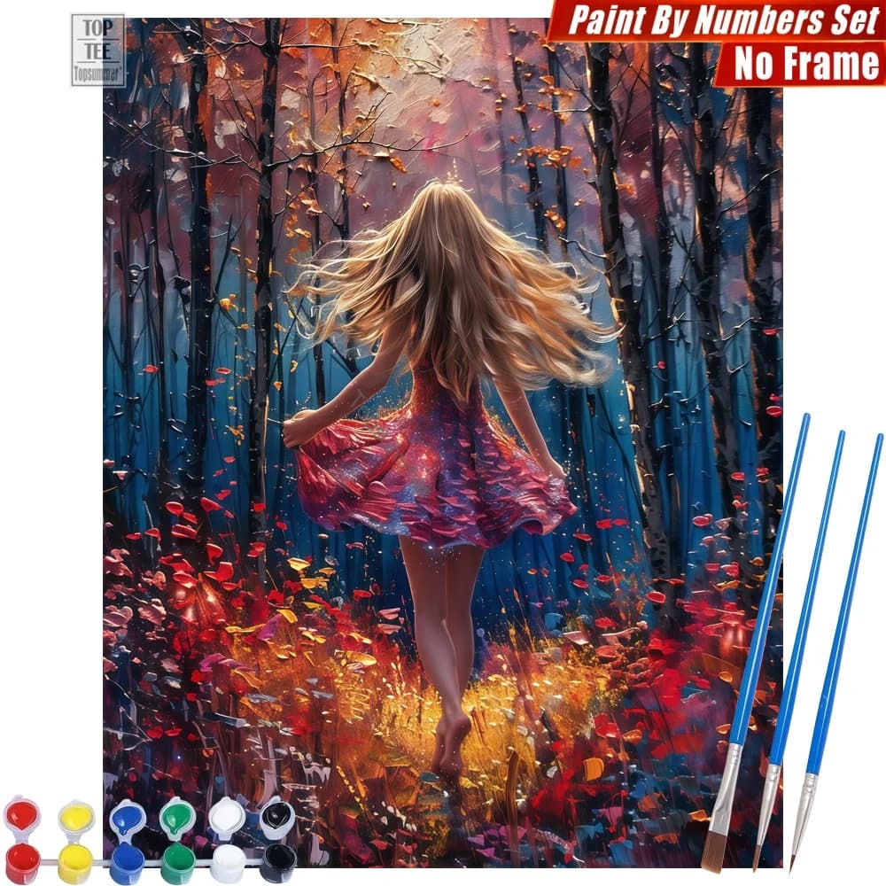 Kit di pittura a olio digitale con donna in abito rosso - Foresta autunnale in movimento, decorazione per la casa, regalo di San Valentino per il marito