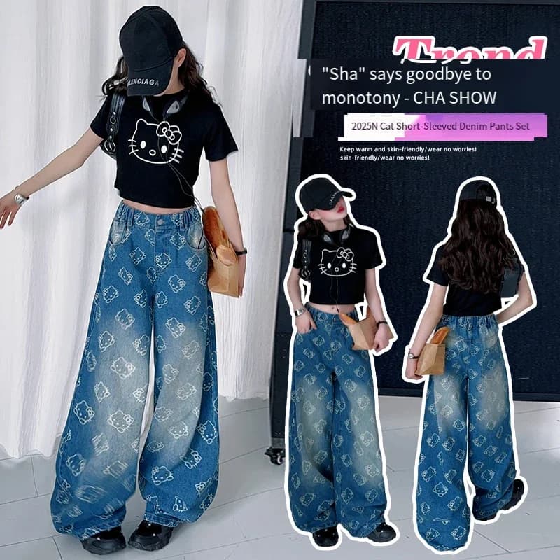 Set Two Pieces for Girls Hello Kitty, Sleeve T-shirt Corte e Jeans, Completo Sanrio Kawaii, Children's Clothing with Souls