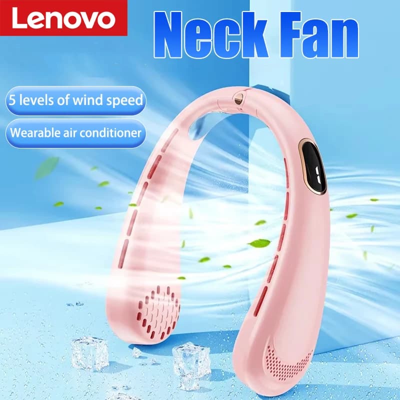 Lenovo Hanging Neck Fan 720° Multi Angle Adjustable Portable Usb Charging Ice Ceramic Cooling Chip Digital Display Bladeless Fan