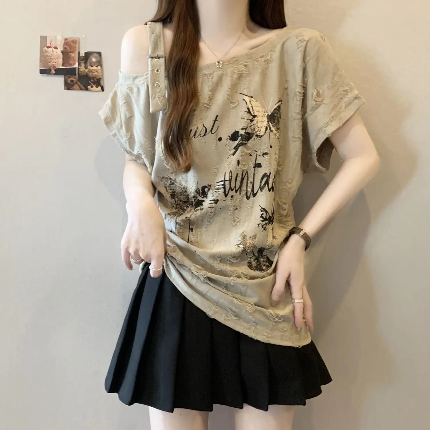Plus-size women's summer new loose slimming American wasteland style torn butterfly printed off-shoulder short-sleeve T-shirt