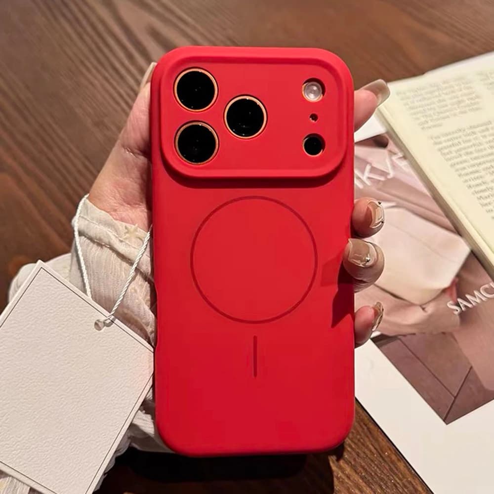 Custodia Magnetica in Silicone Liquido Rosso Luminoso alla Moda per iPhone Air 17 16 15 14 Pro Max Plus, Cover Opaca Candy Compatibile con MagSafe