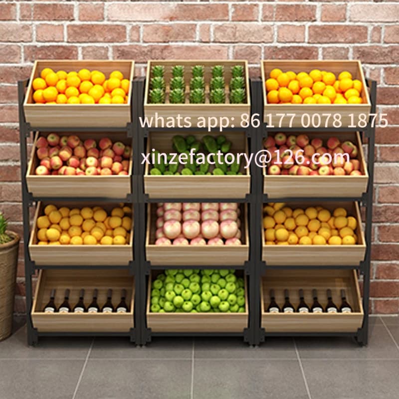 Espositore per frutta e verdura per generi alimentari personalizzato e personalizzato per supermercato, scatola di legno, espositore per snack di frutta secca