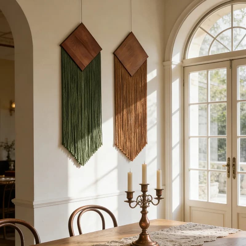 Bohemian Cotton Rope Woven Tapestry with Trailing Fringe Diamond Wooden Board Wall Decor for Hotel Hanging Artwork