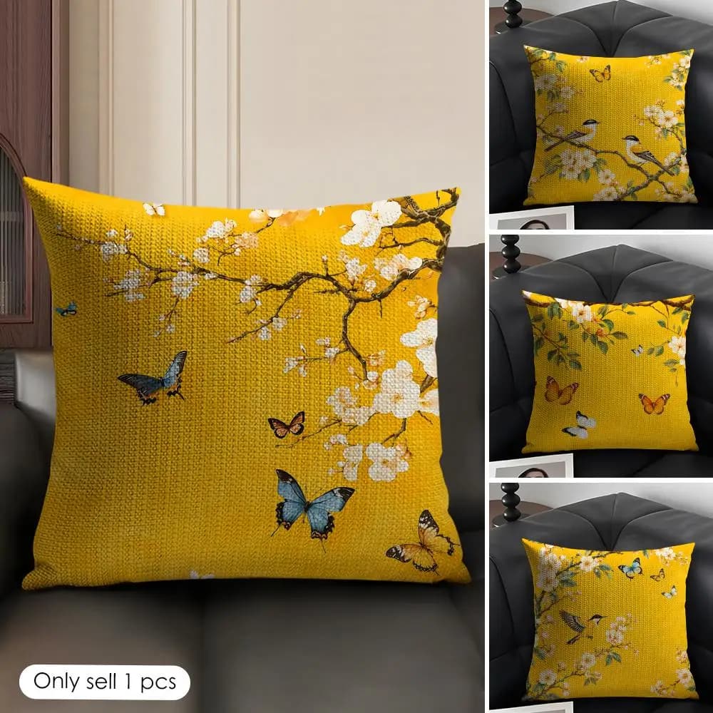 Yellow Peach Tree Branch Bird Cushion Cover Natural Linen Organic Fabric Double Sided Print Sofa Pillow Case Home Decor Gift