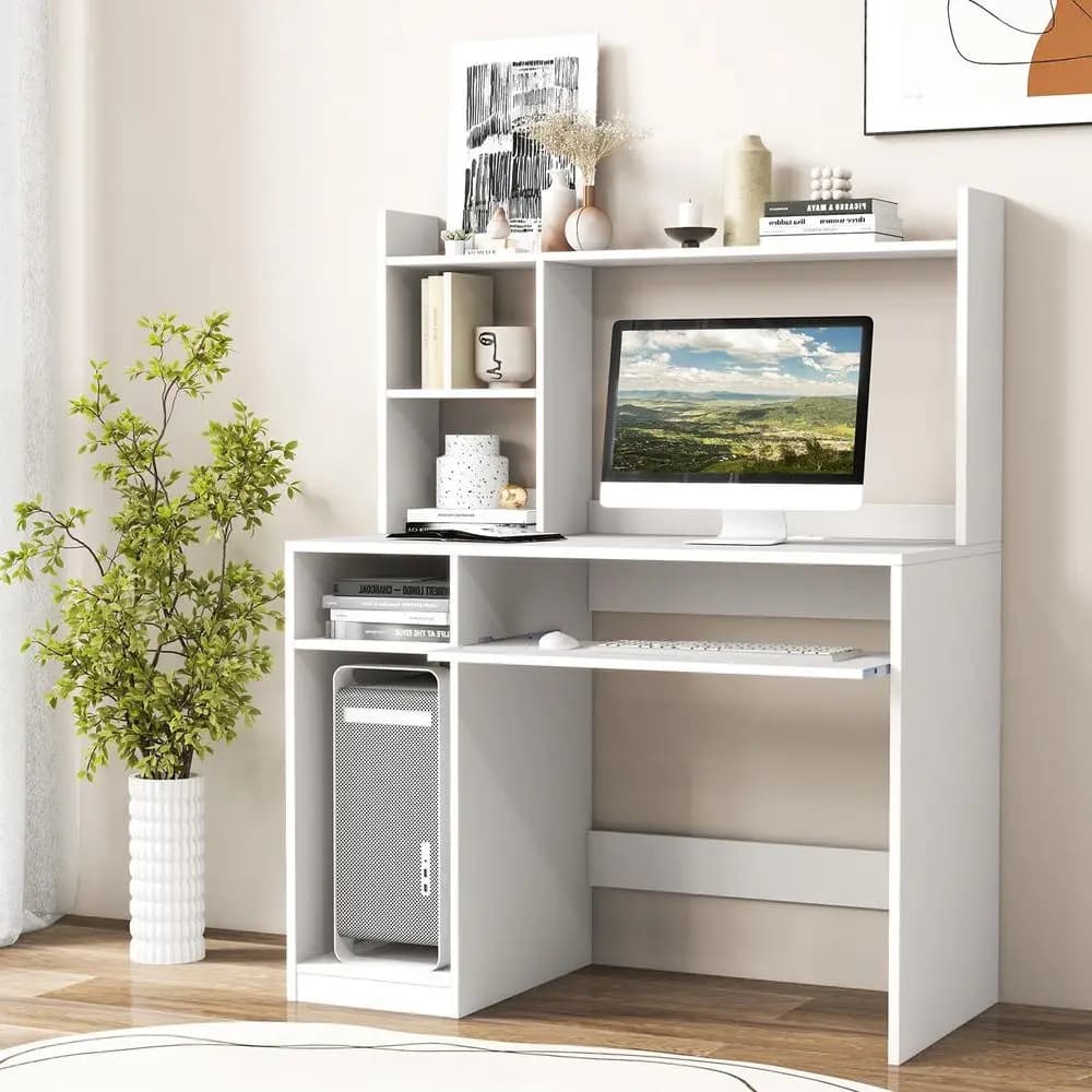 Scrivania per Computer con Mobiletto, Tavolo Multifunzionale per PC e Laptop con Vassoio per Tastiera, Supporto CPU, Presa di Corrente, Scrivania Semplice per Lavoro e Scrittura