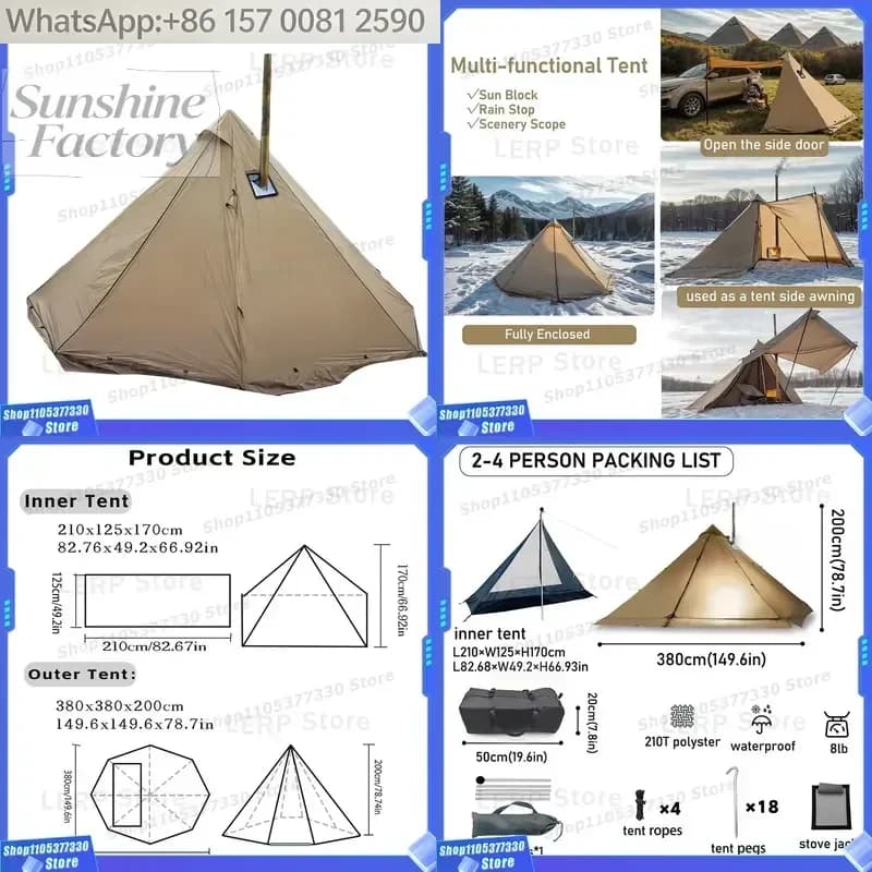 Hot Tent with Wood Stove Jack, 4-Season Teepee Tent for Winter Camping, Survival, Hunting, Fishing. Durable & Portable