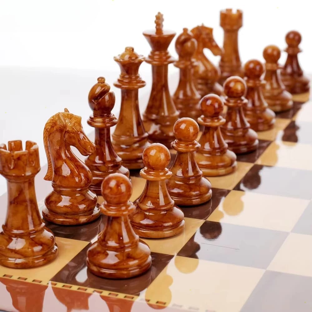 Custom Wholesale High-End Chess Set 39*39 Cm Acrylic Jade Pattern Zinc Alloy Counterweight Plastic Chess Board Games 8 Boxes
