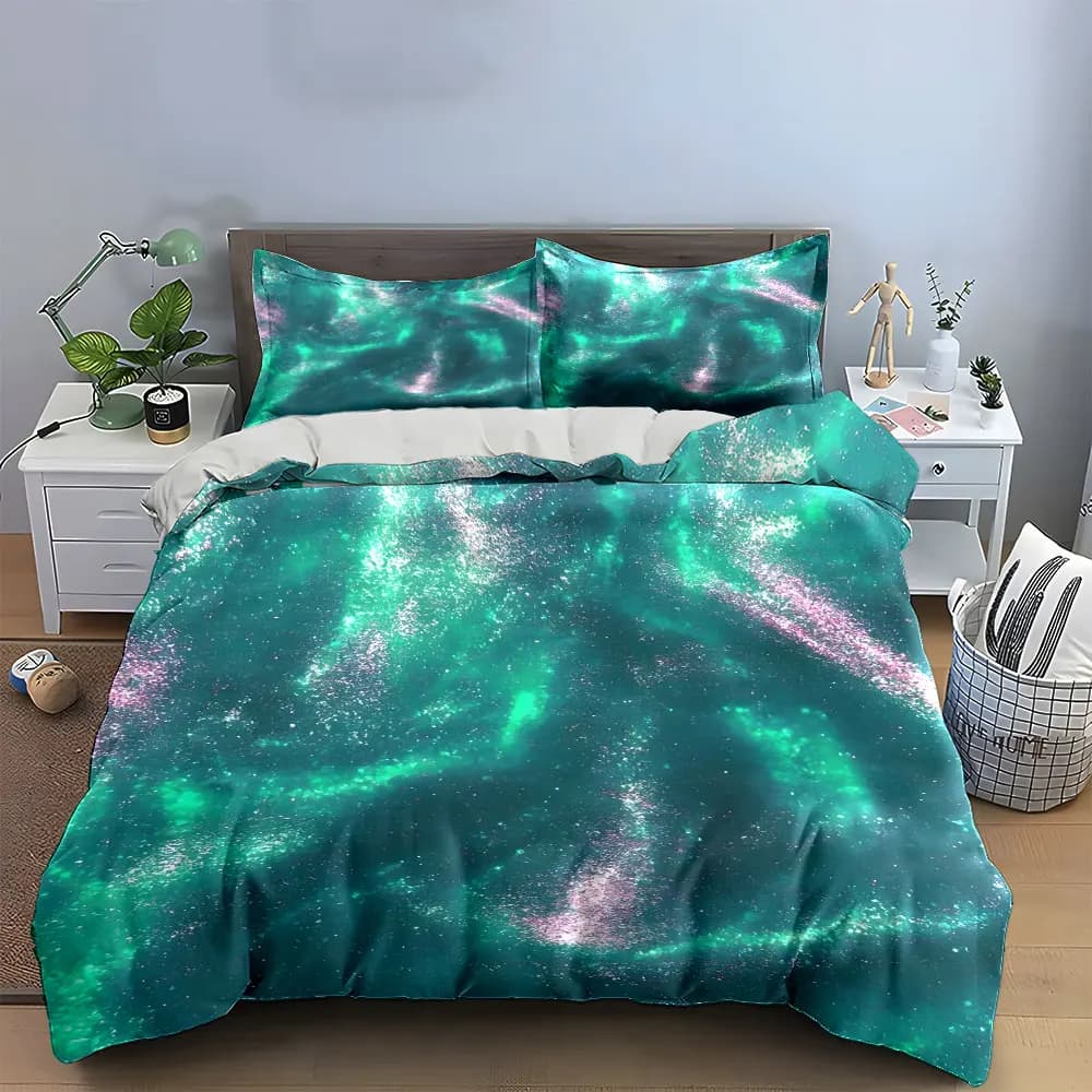 Set di Biancheria da Letto con Motivo Galassia, Tre Pezzi: 1 Copripiumino e 2 Federe, per Letto Singolo, Matrimoniale, King e Queen, Idea Regalo