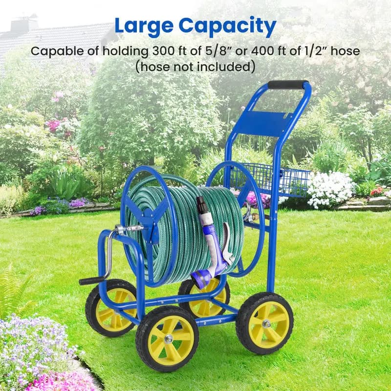 Carrello Porta Tubo da Giardino in Metallo con 4 Ruote e Cesto Portaoggetti - Blu