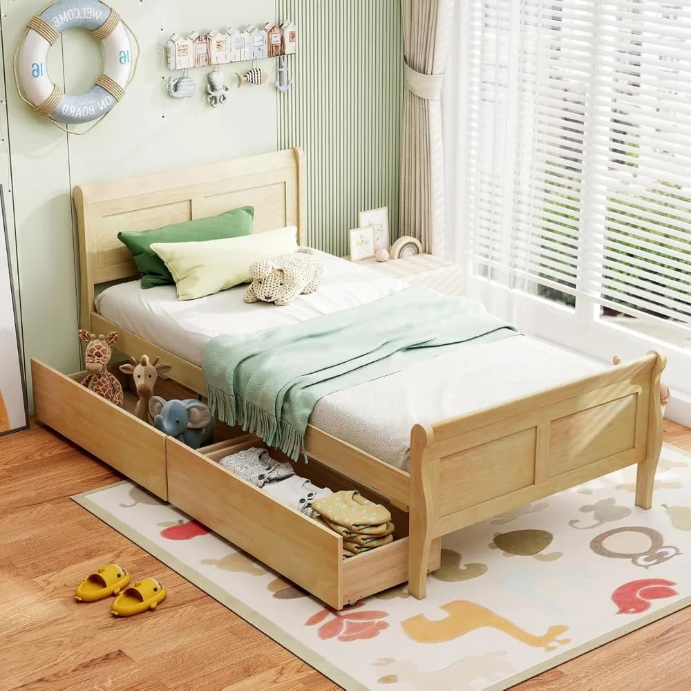 Letto singolo Giantex con 2 cassetti portaoggetti, letto con piattaforma in legno con testiera e pediera, base per materasso di supporto a doghe in legno,