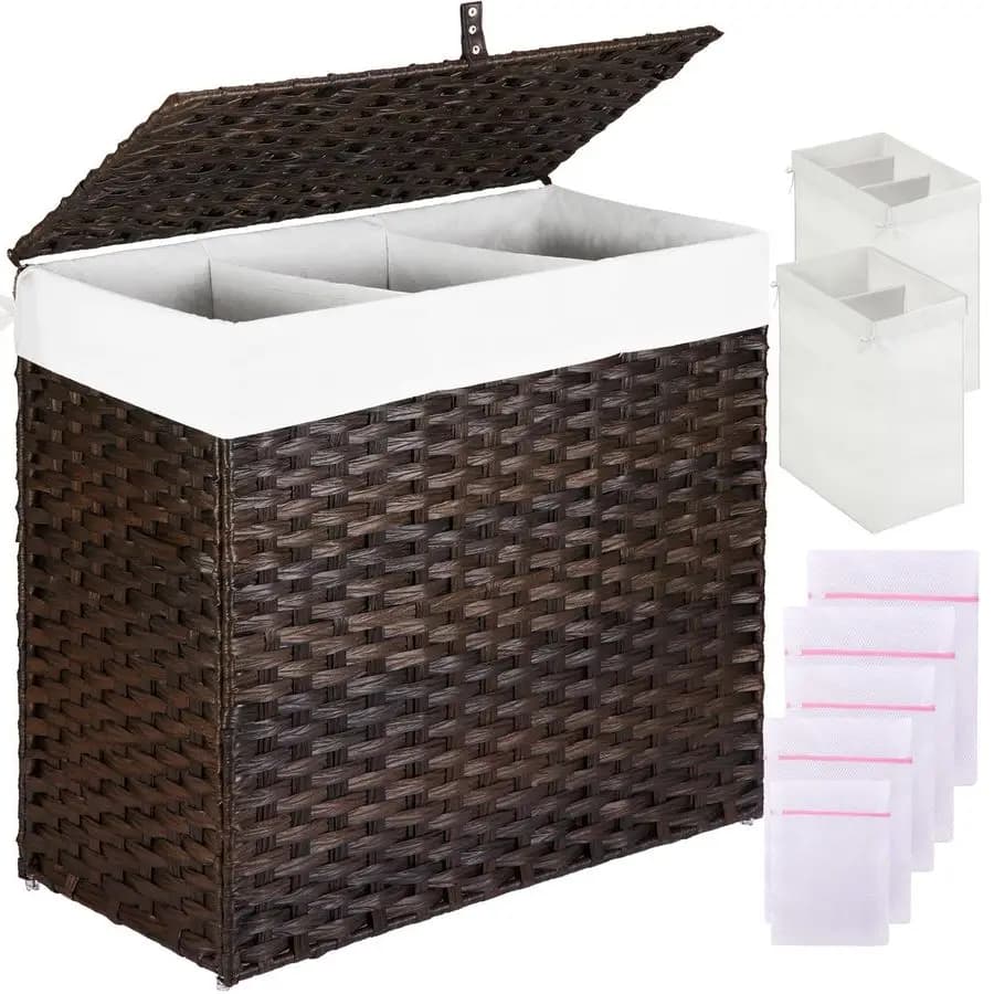 Whiteware basket with lid, 125 litre large whiteware basket with 3 compartments and 2 compartments with removable bags and 5 net bags for laundry.