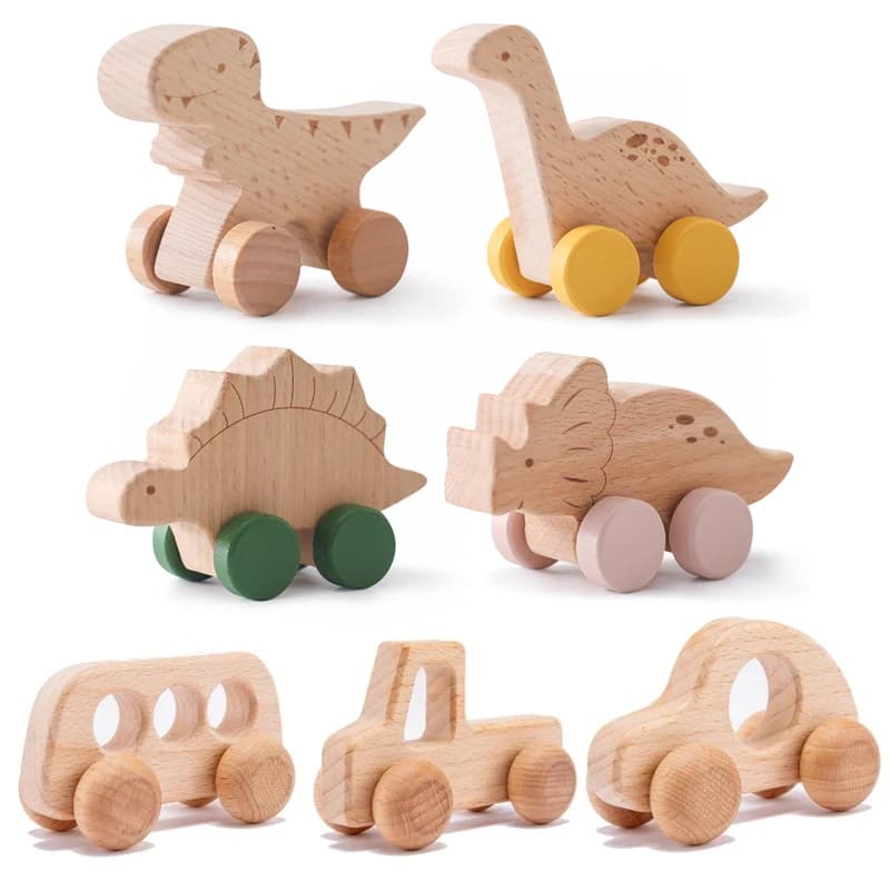 Giocattoli in legno per bambini, auto in legno di faggio, dinosauro in legno, auto giocattolo con dentizione, giocattoli educativi Montessori per bambini, giocattoli per la dentizione dei neonati
