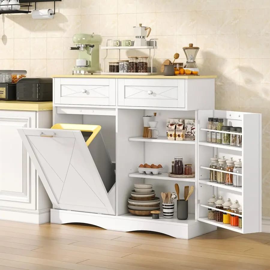 Mobiletto con Cestino Ribaltabile, Mobiletto da Cucina con Bidone da 12 Galloni, Contenitore per Riciclaggio Nascosto in Legno per Dispensa e Lavanderia
