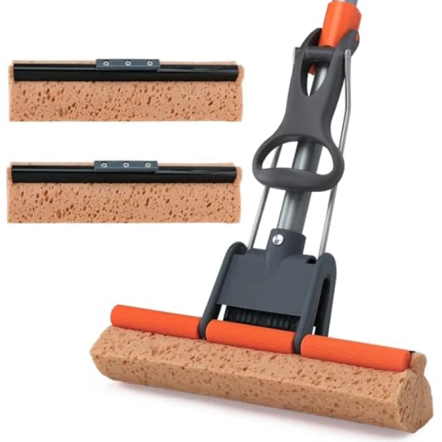 Mop in Spugna per Pulizia Pavimenti con 2 Ricambi in Cellulosa e Manico Lungo 140 cm, Mop a Rullo Resistente, Facile Auto-Svuotamento