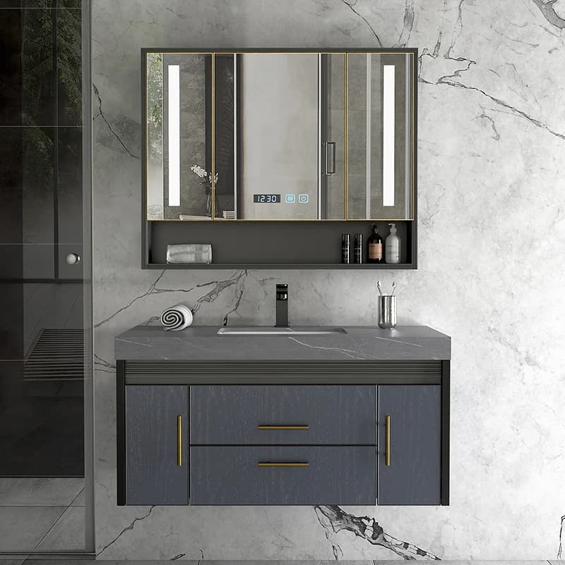 Vanity da bagno quadrato con armadietto a specchio intelligente montato a parete in alluminio a nido d'ape con pannello intero da 18 mm