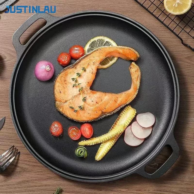 JUSTINLAU Padella in Ghisa a Doppio Manico per Uova e Bistecche, Antiaderente e Spessa, per Pancake e Carne Grigliata, Utensile da Barbecue Domestico