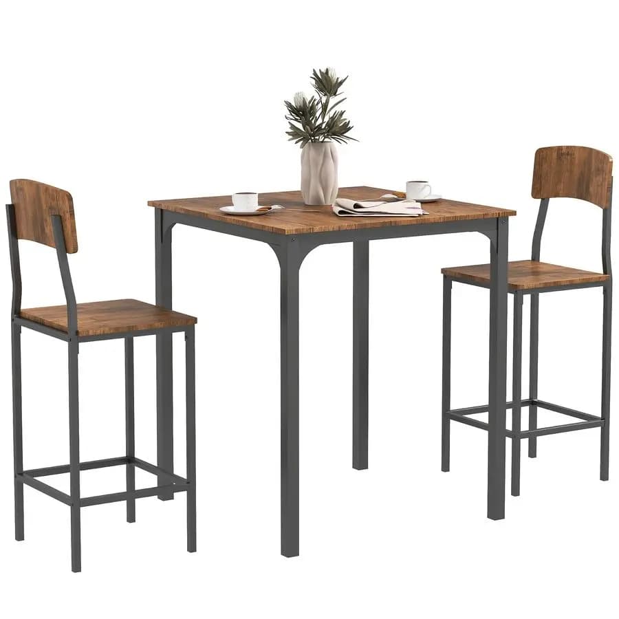 Set tavolo da pranzo industriale a altezza bancone da 3 pezzi, tavolo da bar e sedie con gambe e poggiapiedi in acciaio, nero