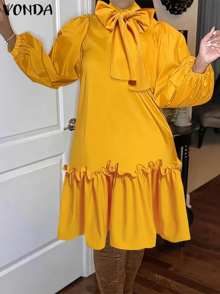2025 Autumn Knee Dress Woman Elegant Summer Dress Casual Solid Color Korean Bownot Dress Long Sleeved Dresses Plus Size VONDA